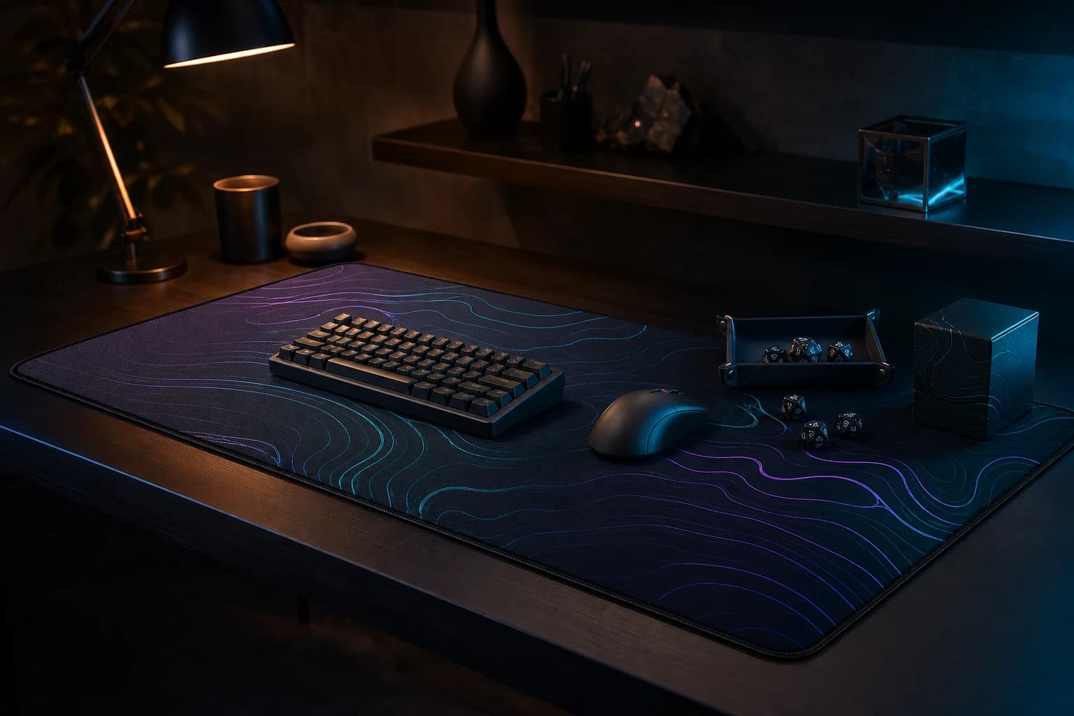 Dark gaming desk with an aurora-pattern desk mat, keyboard, mouse and tabletop accessories